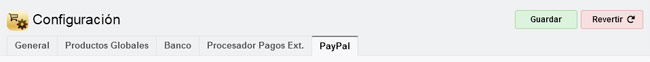 Pestaña: Tienda, Configuración, PayPal