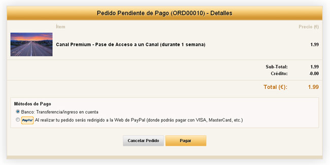 Extensión Tienda/PPV de WS.WebTV: Pedido pendiente de pago