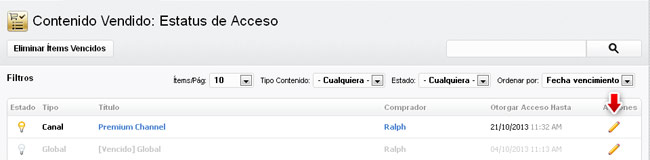 Contenido Vendido: Estatus de Acceso - Listado
