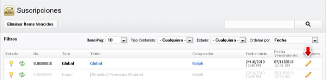 Listado de suscripciones
