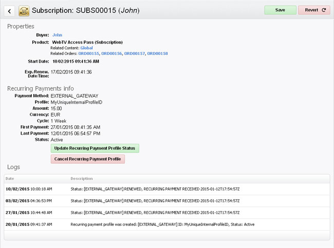 Viewing/Editing a Subscription: Subscription with a recurring payment profile