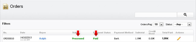 Processed order in the order list