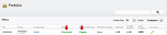 Pedido procesado en el listado de pedidos
