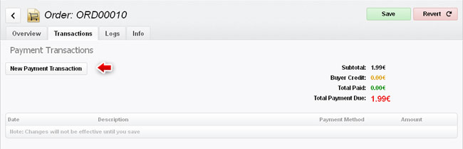 Current order interface: transactions