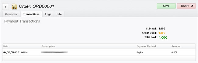Processed order interface: transactions