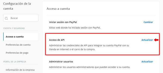 PayPal: Opciones de venta, Acceso API