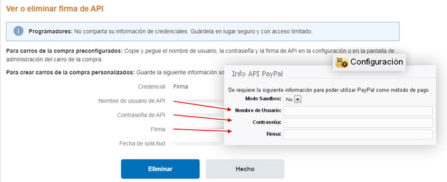 Introduciendo las credenciales de API de PayPal en la configuración de la extensión Tienda de WS.WebTV