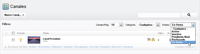 Vendiendo Acceso a Canales: Listado de canales, filtrado de ítems en venta