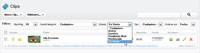 Vendiendo Acceso a Clips: Listado de clips, filtrado de ítems en venta