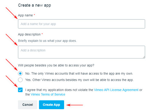 Vimeo API / My Apps / Create App screen