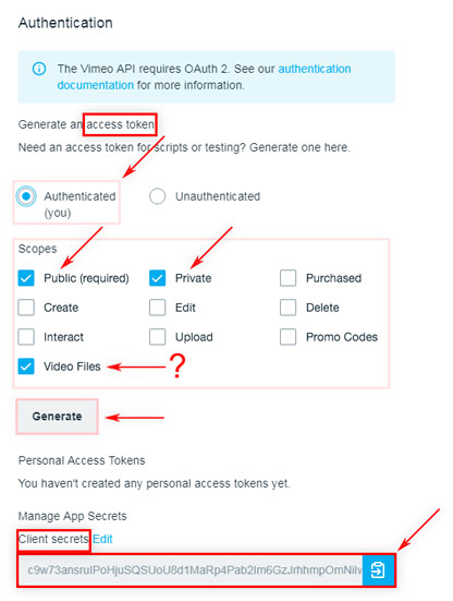 Vimeo API / My Apps / Authentication