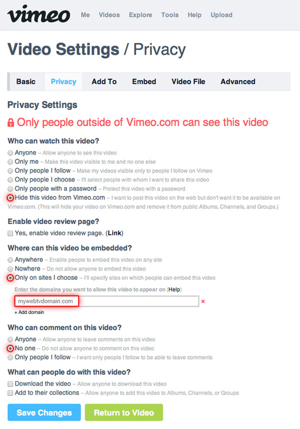 WS.WebTV: playing back from Vimeo Pro / Vimeo, Video Settings, Privacy