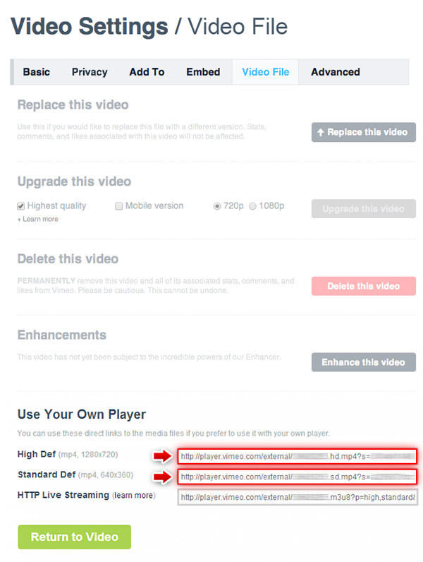 WS.WebTV: reproduciendo desde Vimeo Pro / Vimeo, Video Settings, Video File - Use your own player - video urls